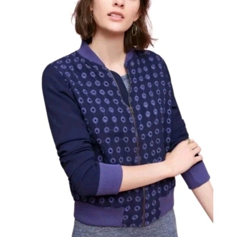 Anthropologie Amadi Blue Eyelet Soft Bomber Jacket Full Zip Womens Size Small